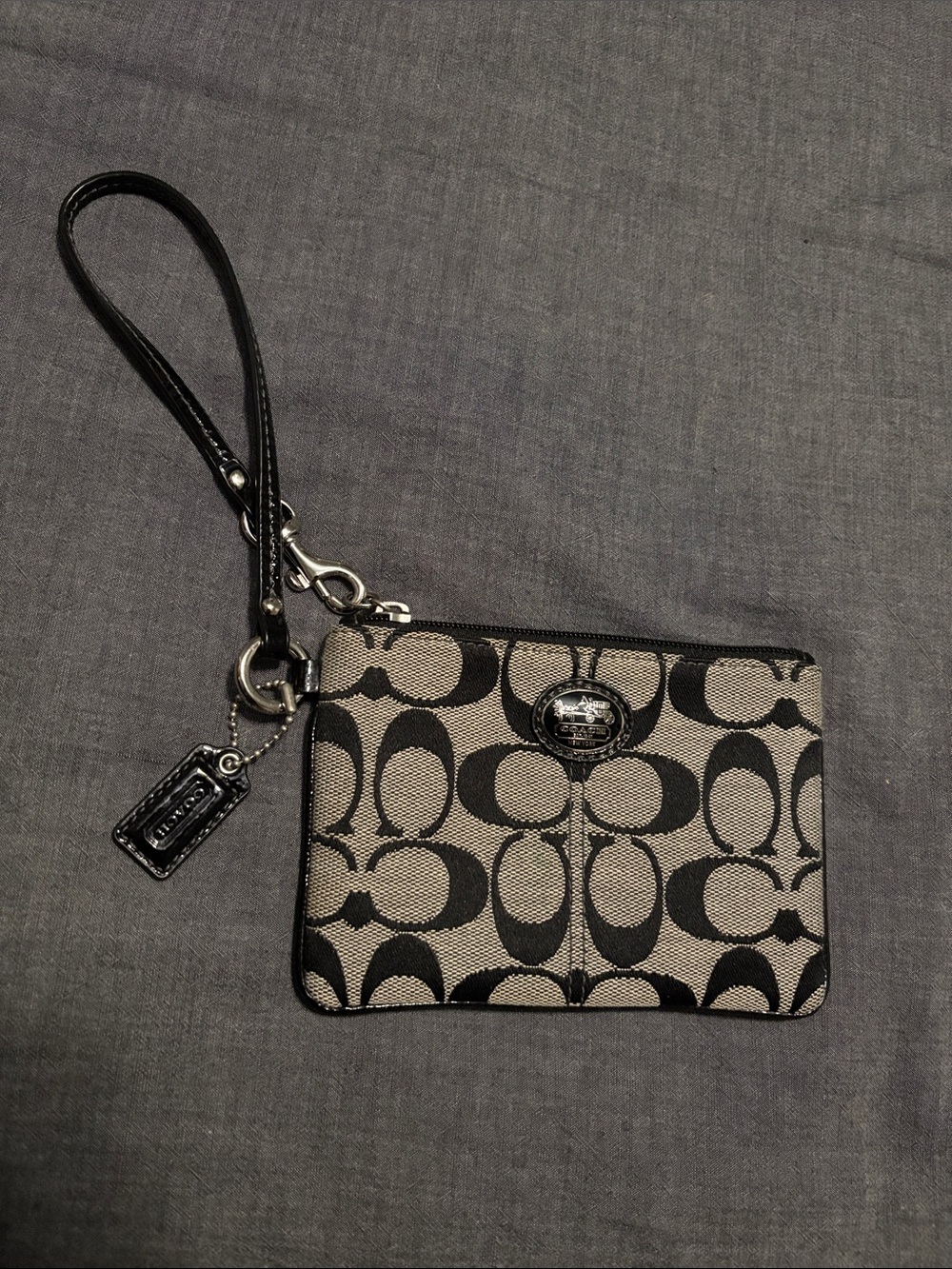 Coach Black and Grey Signature Card Wristlet with Detachable Strap